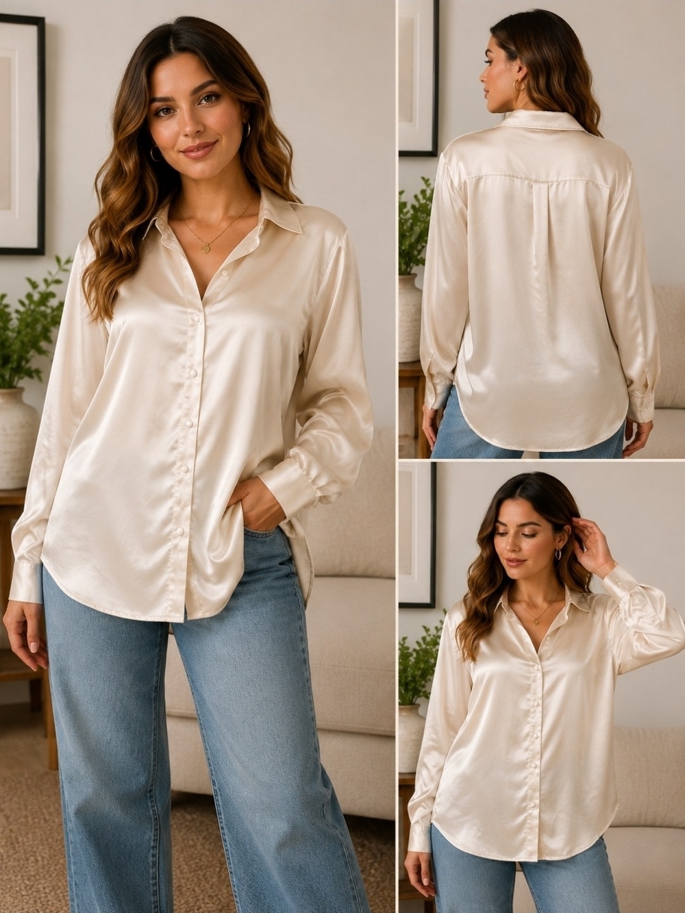 Princess Polly Champagne Satin Button Down Blouse Size 10